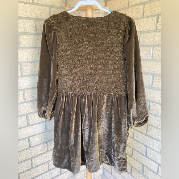 Free People Farrier Velvet Mini Dress Brown Bear Balloon Sleeves Smocked Bodice - Picture 11 of 17